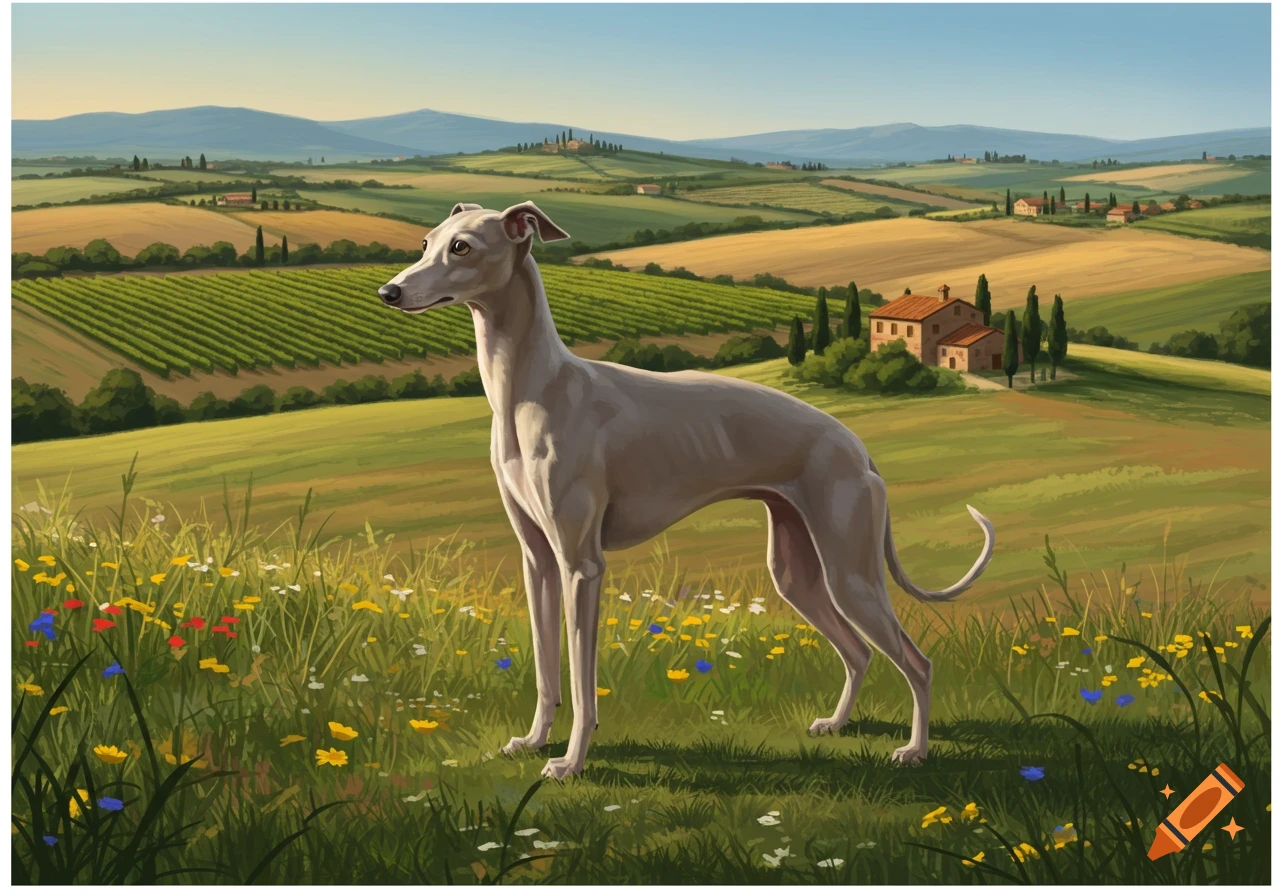 A light grey Italian greyhound stands in a grassy field with colorful wildflowers. Rolling green and yellow hills, vineyards, and houses are visible under a blue sky in the background, in a painterly style.