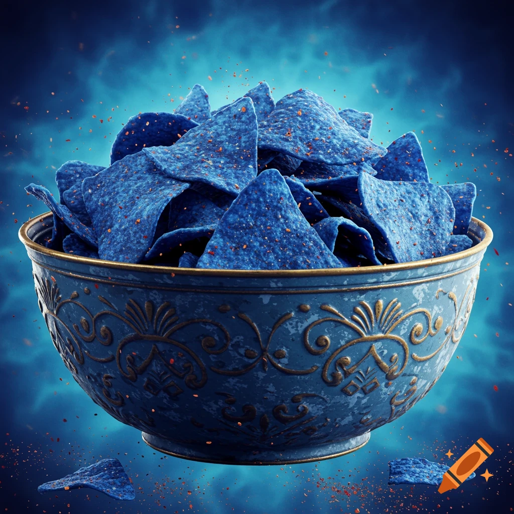 A close-up shot of an ornate blue bowl filled to the brim with blue tortilla chips, speckled with red seasoning, against a smoky blue background.