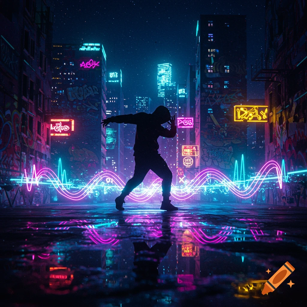 A silhouetted figure dances in a neon-lit cyberpunk city at night, with glowing sound waves on the ground.