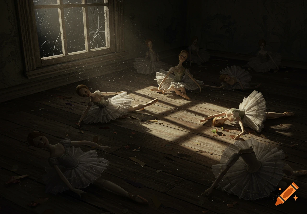 Eerie realistic image of many broken ballerina dolls splayed on a dark wooden floor, illuminated by light through a shattered window.