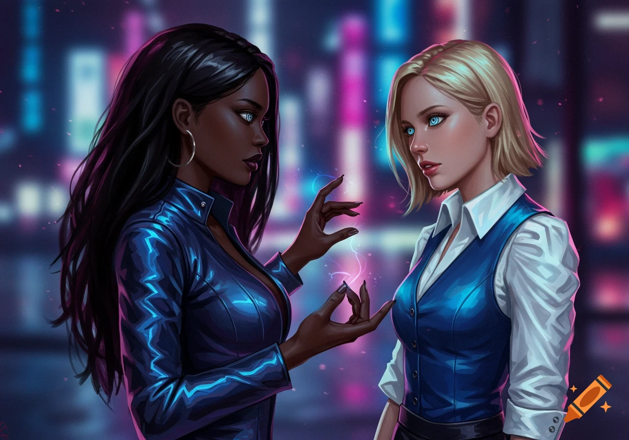 A dark-skinned woman with black hair in a shiny blue leather jacket hypnotizes a blonde woman in a blue vest and white shirt. Both have glowing blue spiral eyes in a neon-lit city.