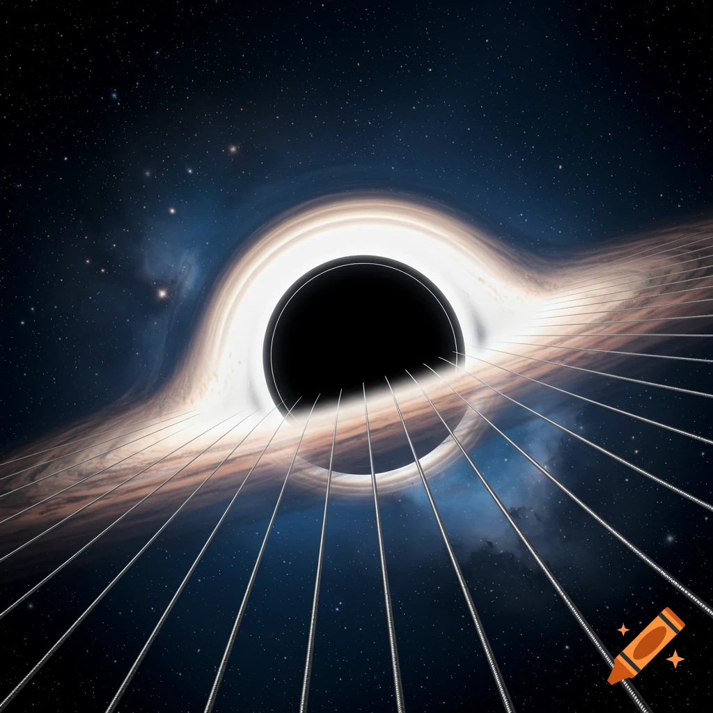 Bass guitar strings emanating from a black hole with a bright accretion disk in a starry galaxy.