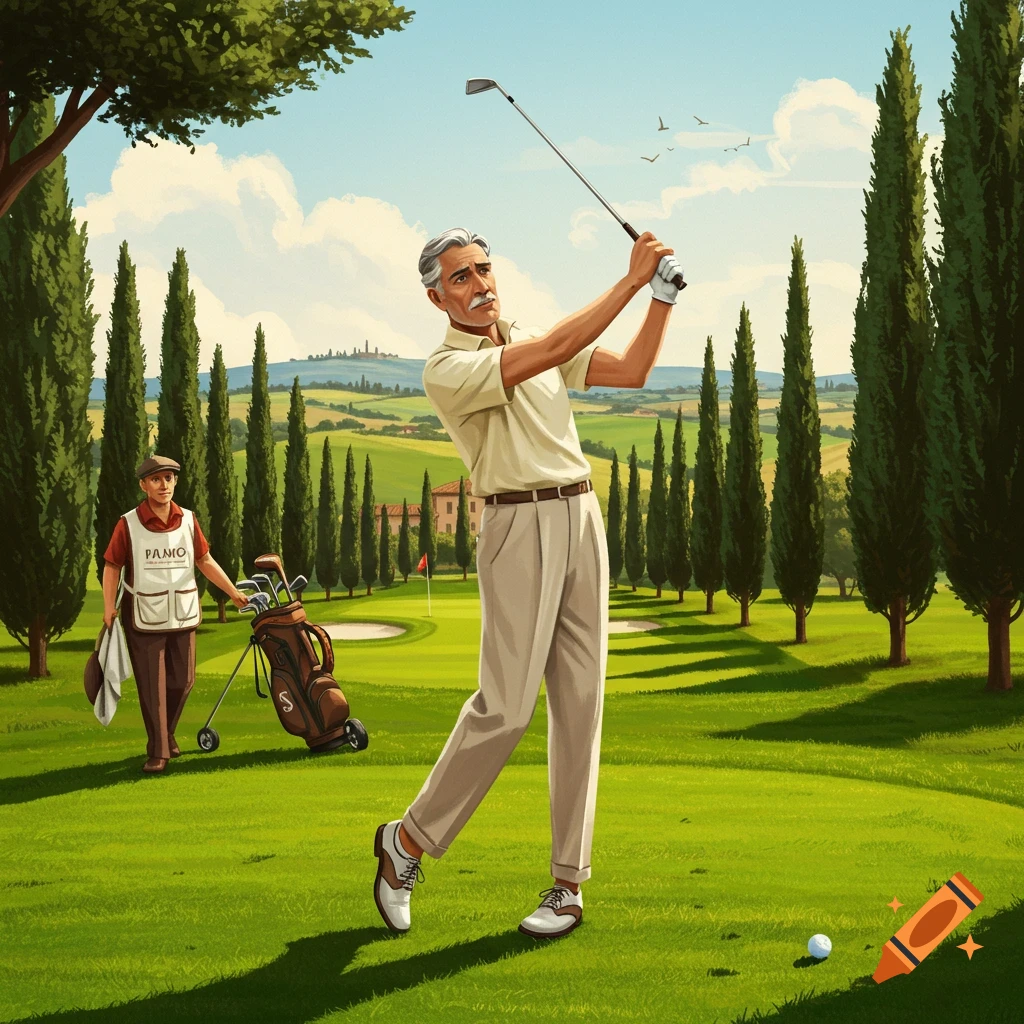 An illustration of a man in a beige shirt swinging a golf club on a green course, with a caddy and golf bag nearby. Cypress trees and rolling hills in the background.