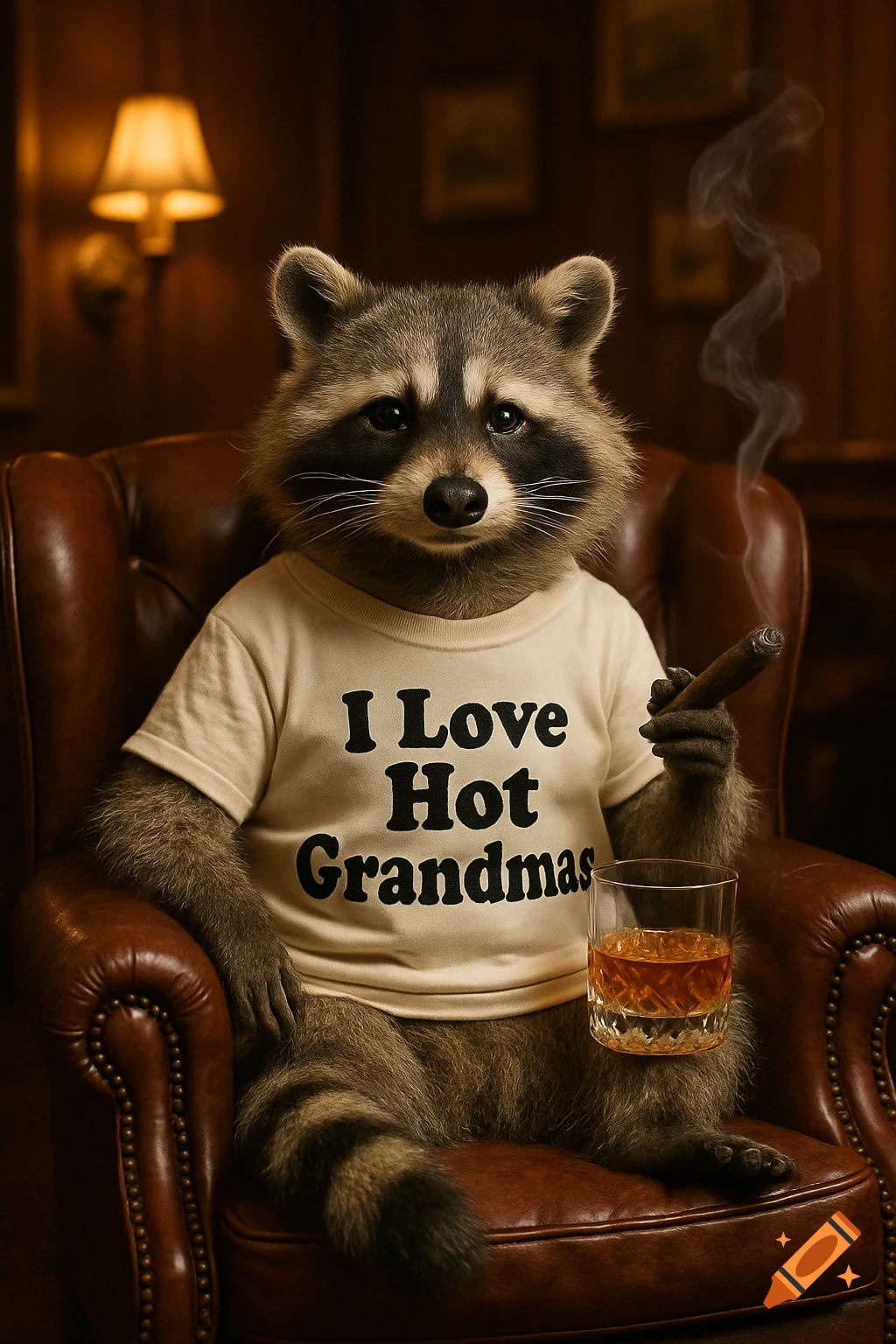 A photorealistic raccoon sits in a brown leather armchair, wearing a cream t-shirt that says "I Love Hot Grandmas". It holds a lit cigar in one paw and a glass of whiskey in the other.