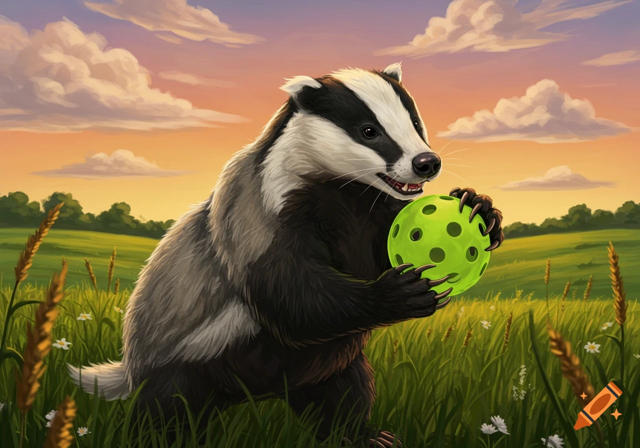 An illustration of a badger holding a bright green pickleball in a grassy field at sunset.