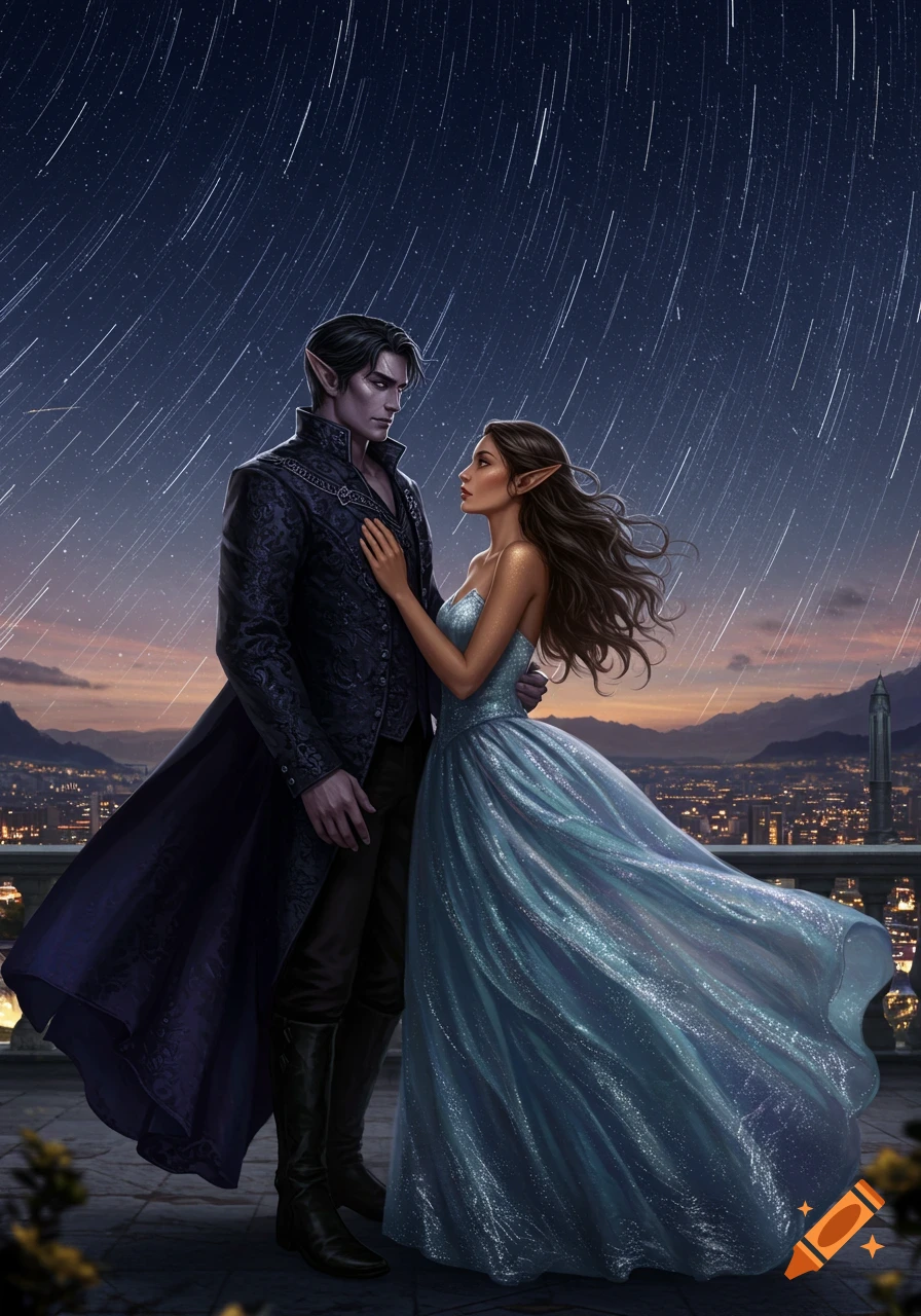 A fantasy couple with pointed ears stands on a balcony overlooking a city at night, under a sky filled with streaking stars. The man wears a dark coat, and the woman a shimmering blue gown.