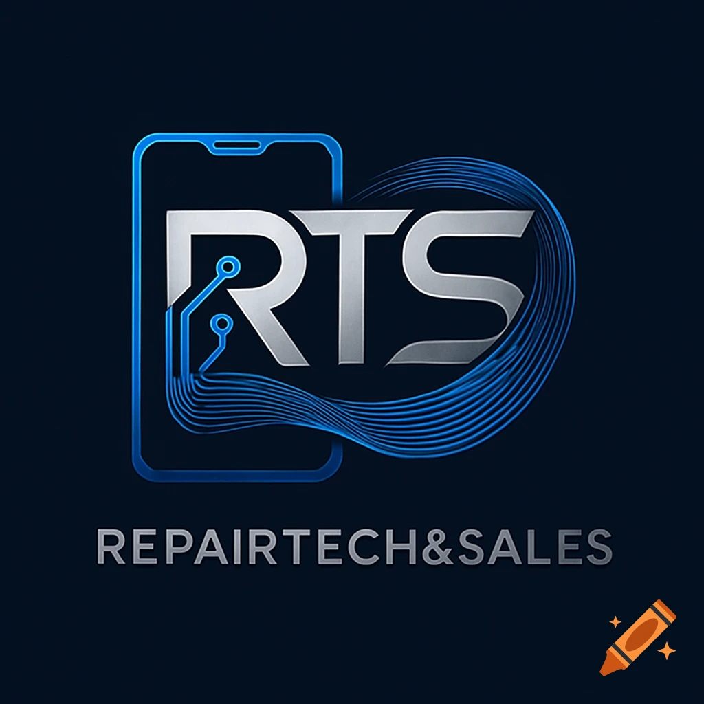 Logo with silver 'RTS' inside a blue smartphone outline, with swirling blue lines and 'REPAIRTECH&SALES' below.