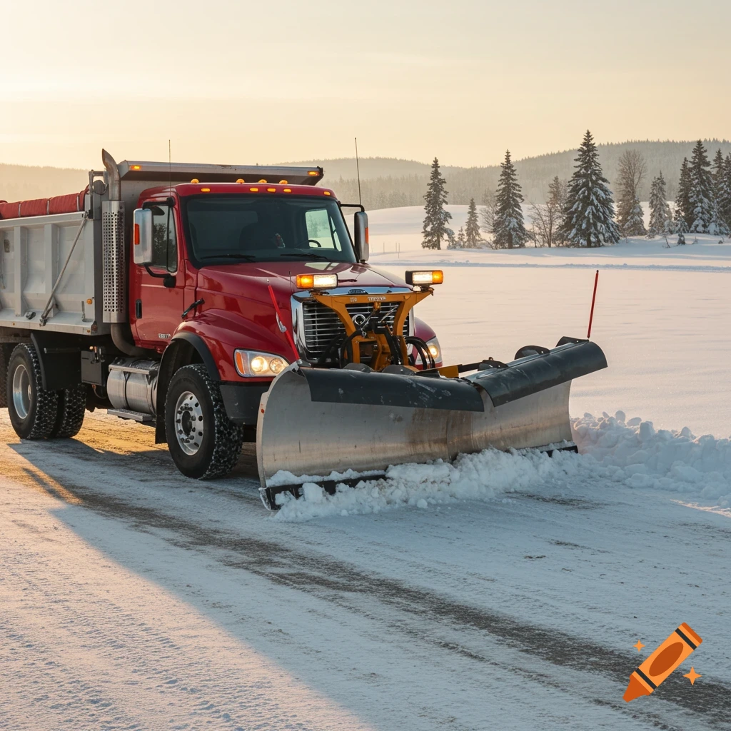 A red snowplow truck clears snow from a road in a winter landscape with snow-covered trees under a warm sky.