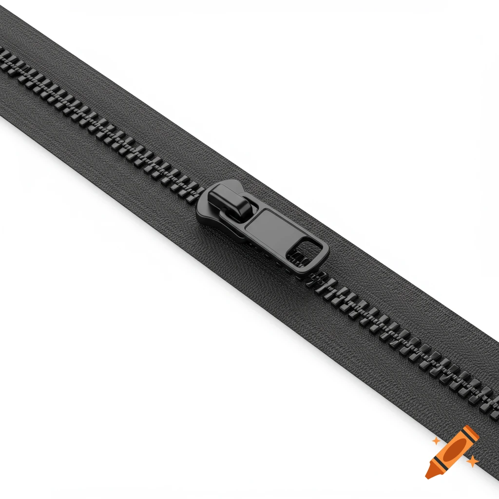 A close-up, top-down view of a black zipper, partially zipped, on a white background.