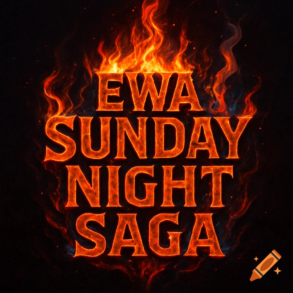 The words EWA SUNDAY NIGHT SAGA in fiery orange-red text surrounded by flames and sparks on a dark background.
