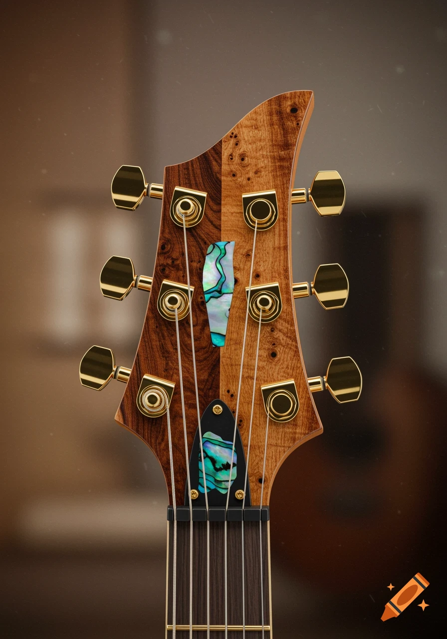 Close-up of a detailed, photorealistic guitar headstock with two-tone wood, mother-of-pearl inlays, and gold tuning pegs.