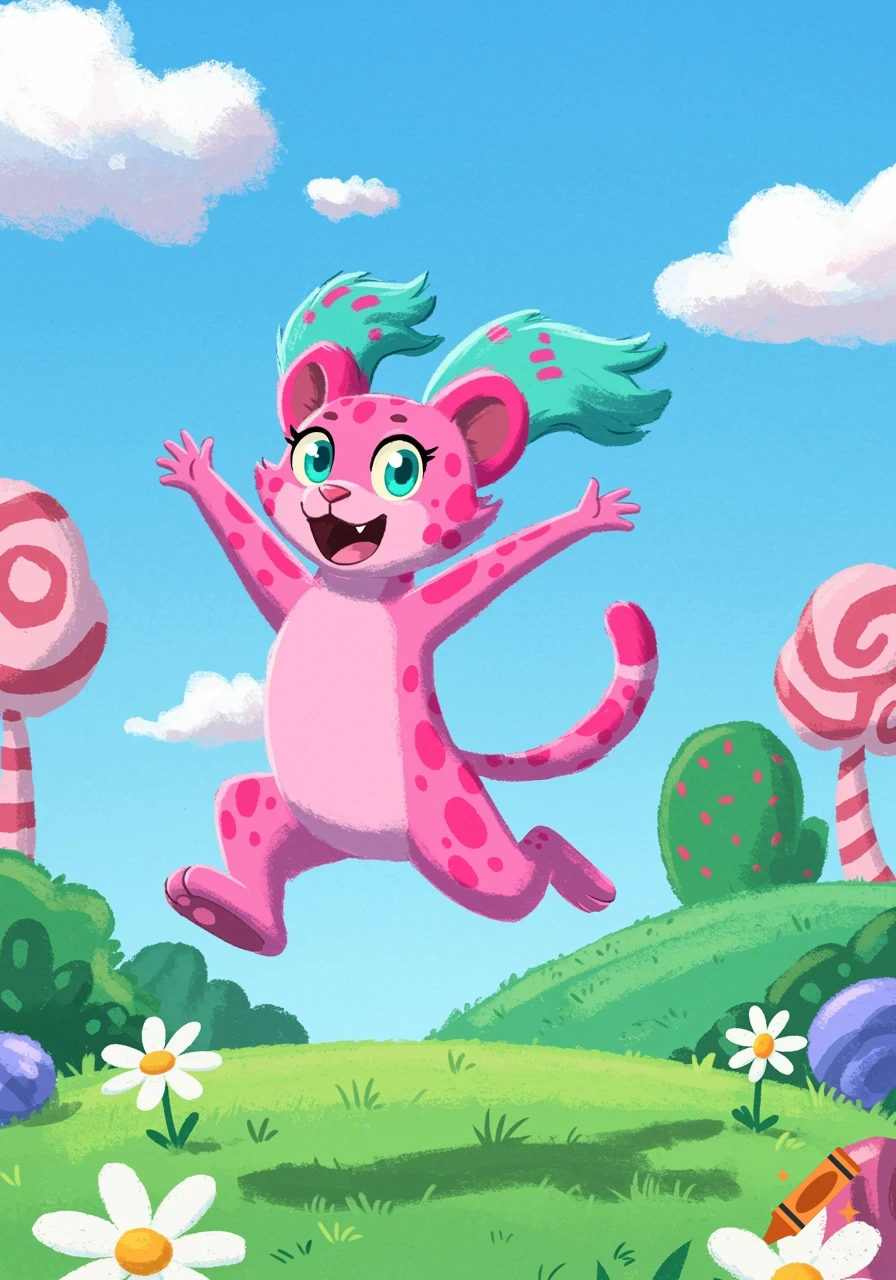 A cheerful pink cartoon jaguar-like creature with green hair jumps through a whimsical landscape with lollipop trees.
