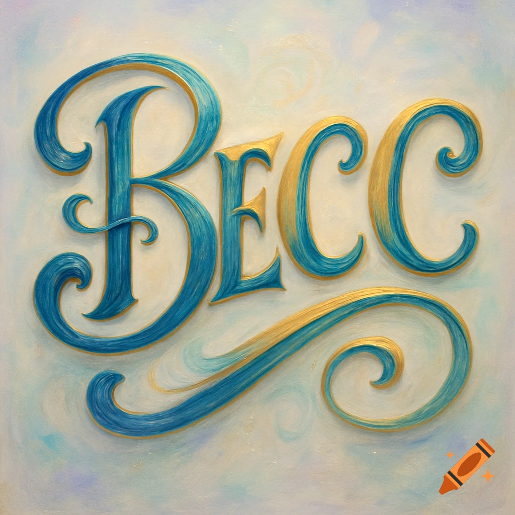 Stylized 3D rendering of the word BECC in thick blue and gold swirly script on a light background.