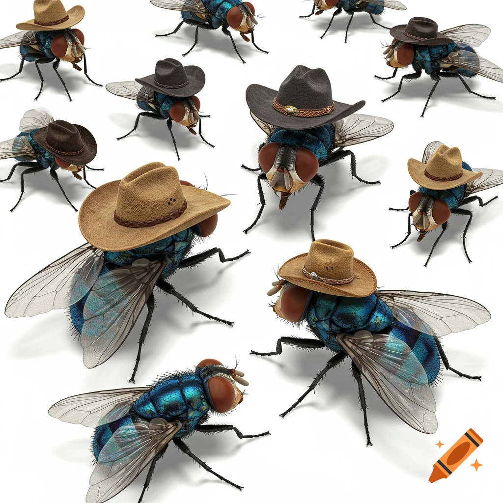 Several realistic blue and brown flies, some wearing miniature cowboy hats, scattered on a white background.