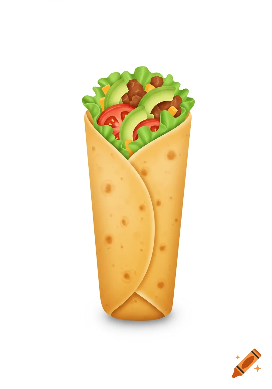 A cartoon-style burrito filled with lettuce, tomato, avocado, and meat, standing upright.