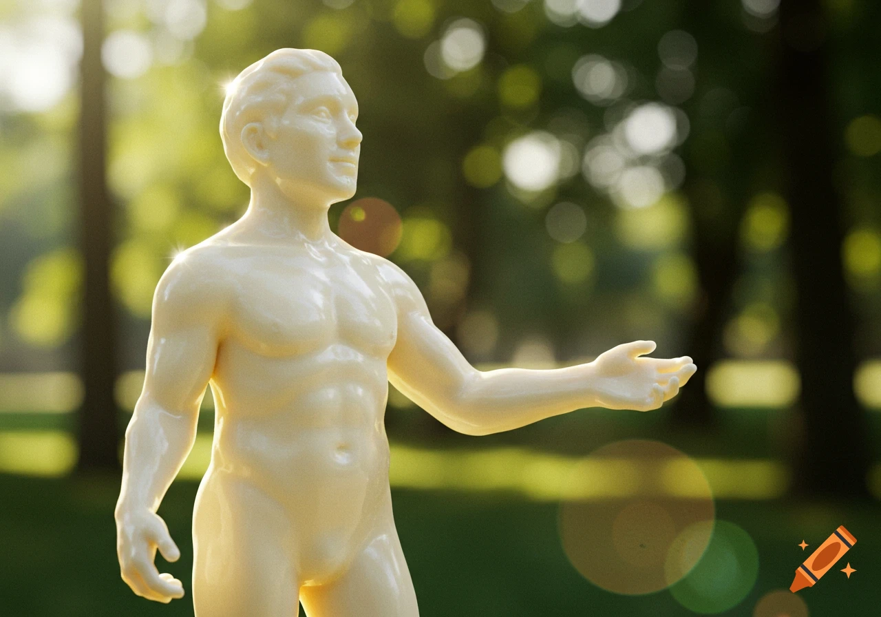 A photorealistic image of a male statue made from a cream cheese-like material, standing outdoors with lens flares and blurred greenery.