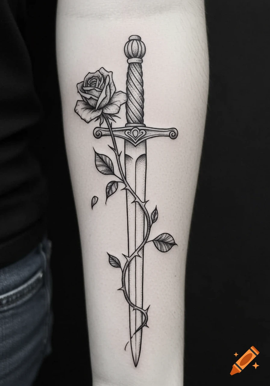Black ink tattoo of a sword entwined with a thorny, wilting rose vine on a person's forearm.