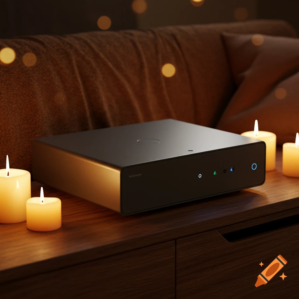 A photorealistic image of a sleek black and gold TV box on a wooden table, surrounded by lit candles, with a brown sofa in the background.