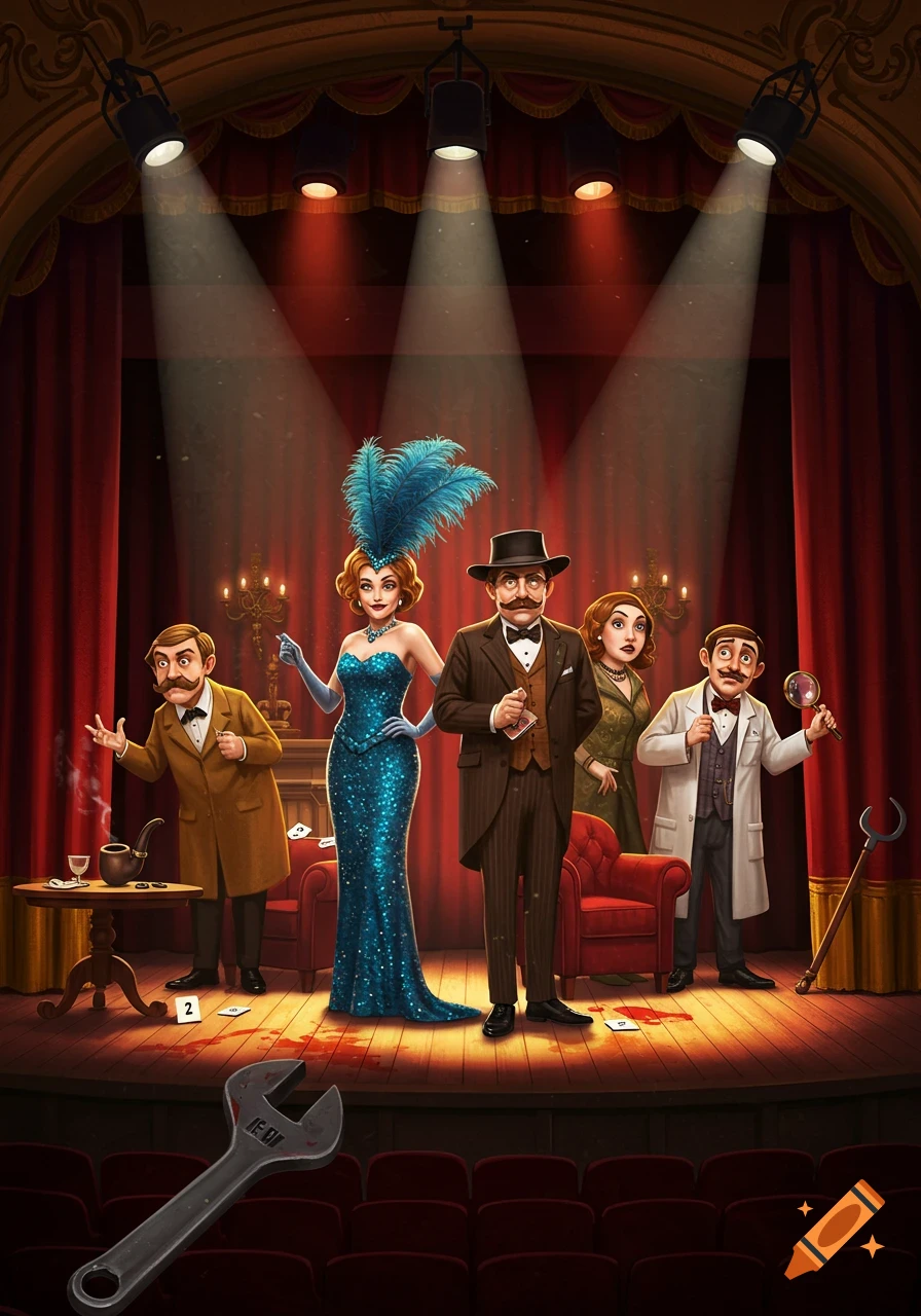 A group of stylized characters reminiscent of the Clue board game on a theatre stage with bloodstains, under spotlights.
