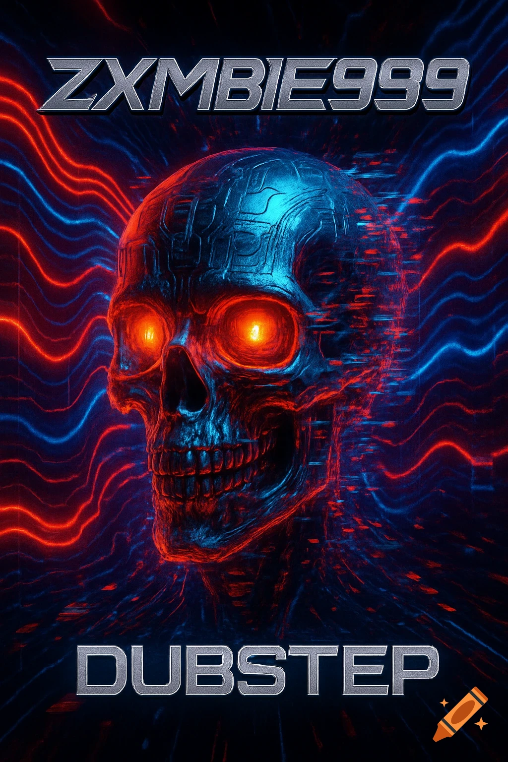 Metallic skull with glowing red eyes amidst red and blue neon waves. Features text 'ZXMBIE999' and 'DUBSTEP', resembling an album cover.
