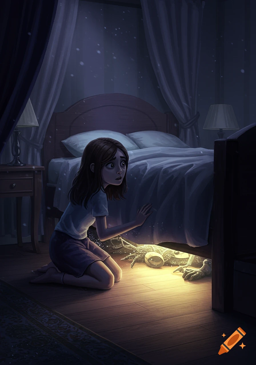 A young girl kneels beside her bed, looking with fear at a glowing monster underneath it in a dark bedroom.