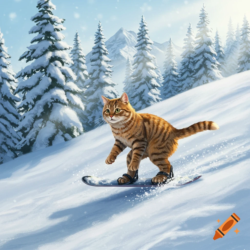 An orange tabby cat on all fours snowboarding down a snow-covered mountain with pine trees.