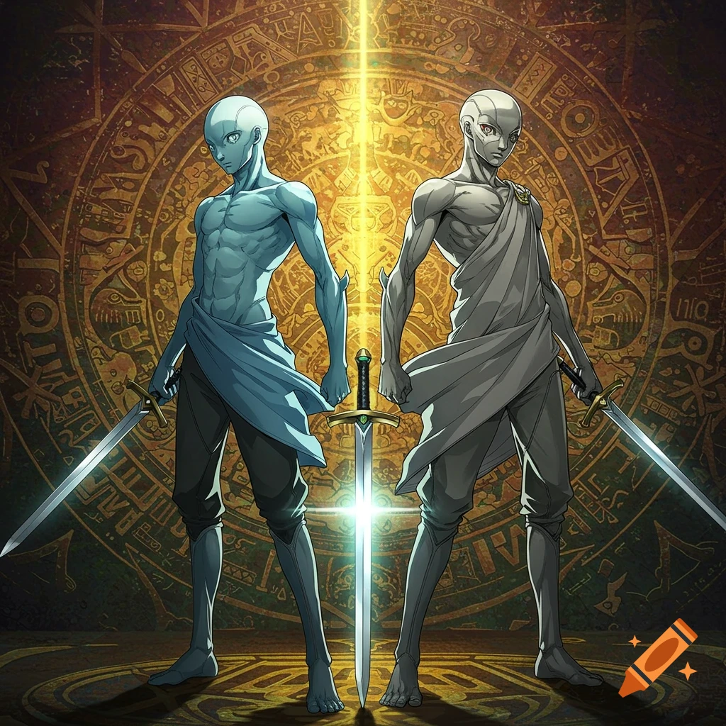 Two humanoid figures, one blue and one grey, stand with swords against a glowing, intricate gold circular background in an anime style.