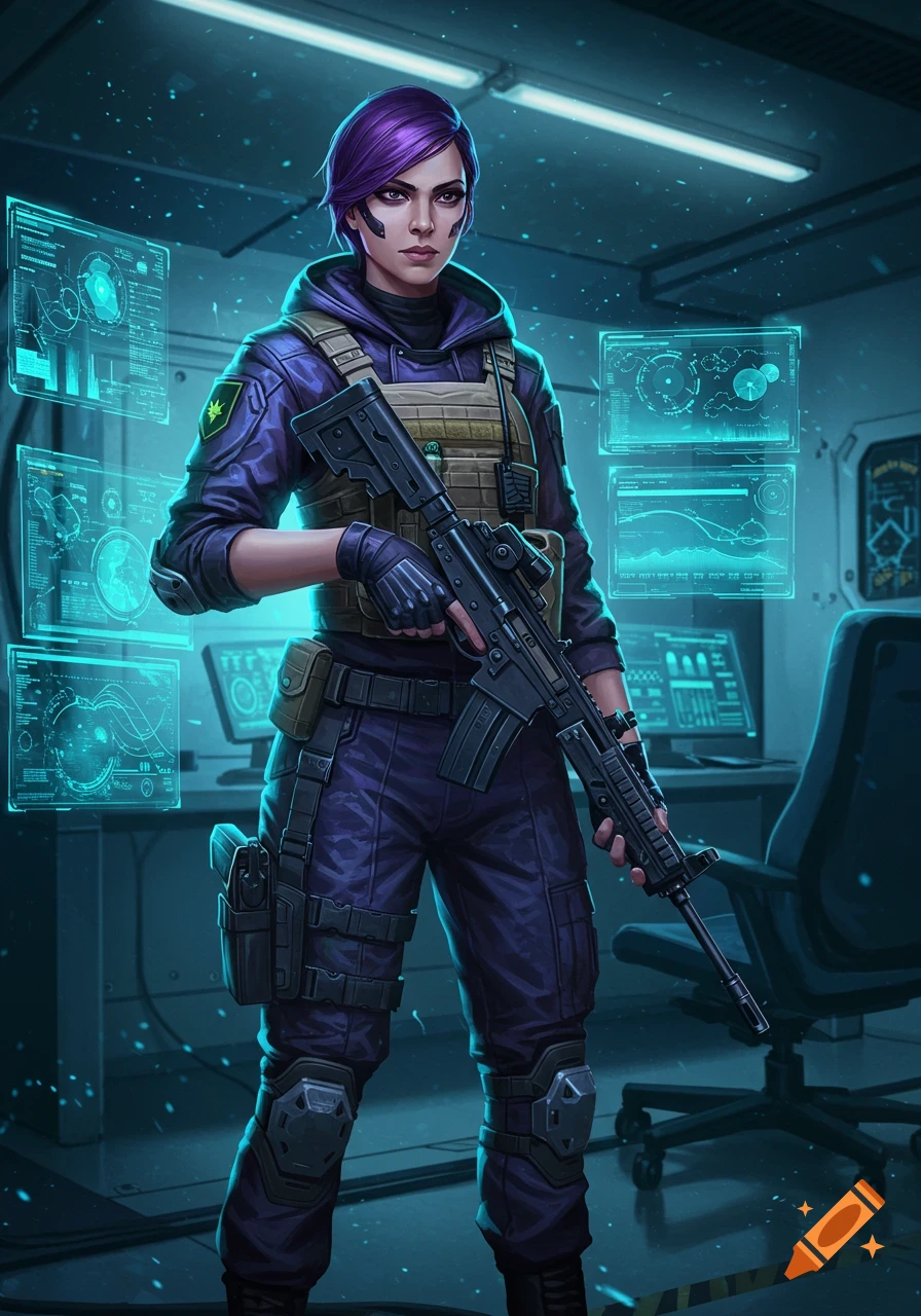 A female character with purple hair in tactical gear holds a rifle in a sci-fi command room with holographic displays. Digital art style.