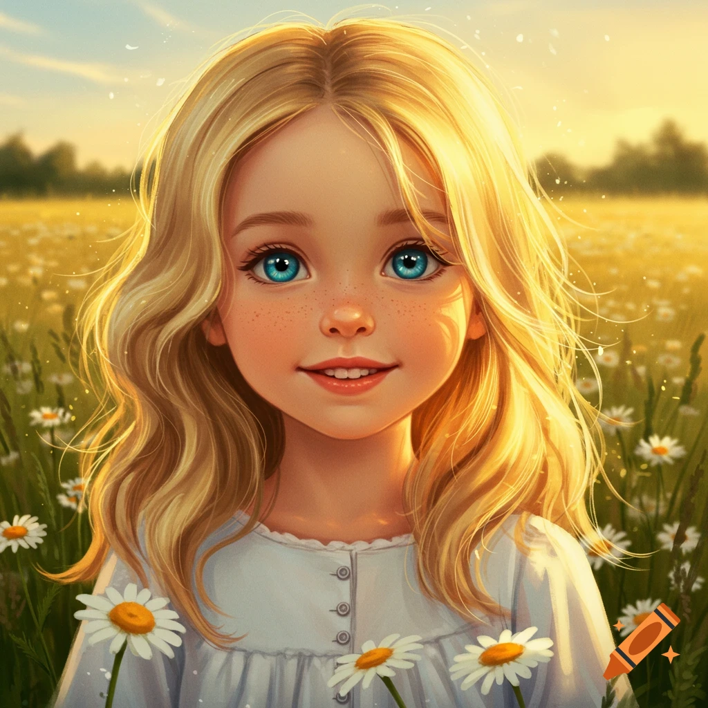 A smiling blonde girl with bright blue eyes and freckles stands in a sunlit field of white daisies.