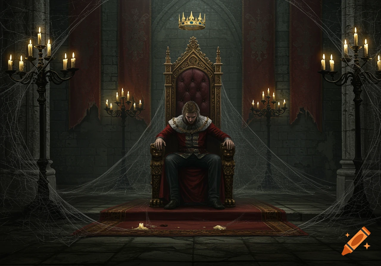 A slouched king sits on a grand throne in a dark, cobwebbed gothic throne room with candles and a floating crown.
