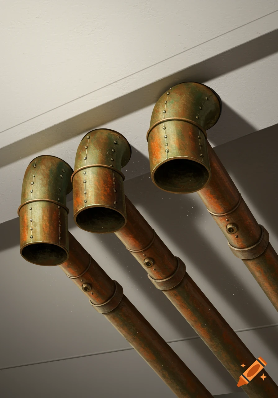 Three rusted copper pipes emerge from a white ceiling, angled downwards.