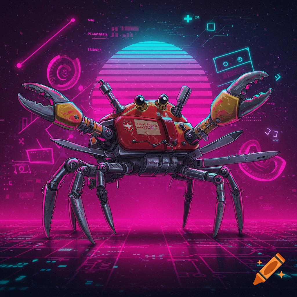 A vibrant synthwave-style illustration of a red robot crab with metallic legs and claws, designed like a Swiss army knife, against a neon pink and blue grid background with a glowing sunset.
