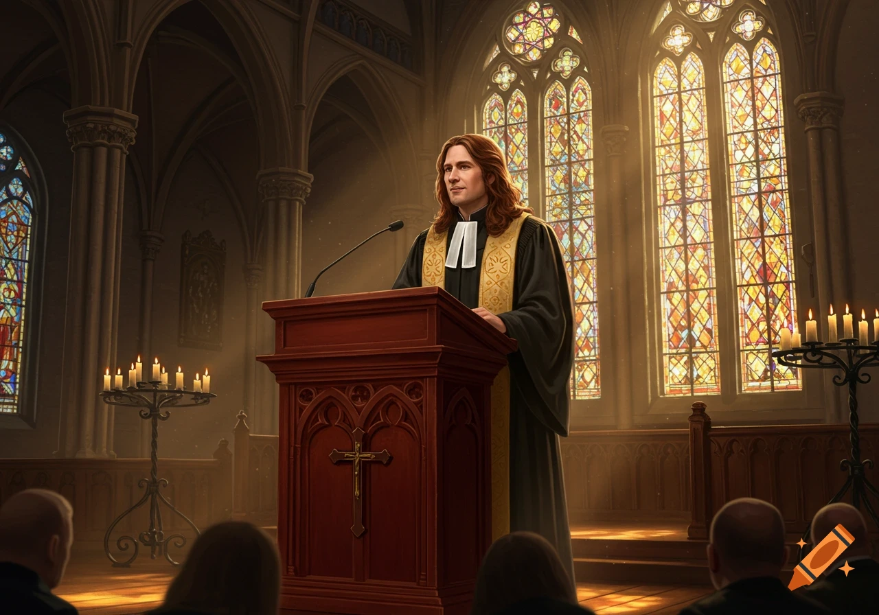A long-haired pastor speaks from a wooden podium in a church with vibrant stained glass windows.