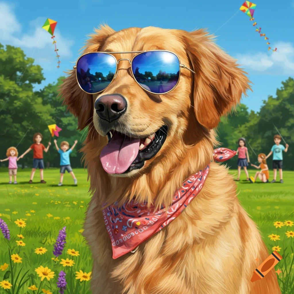 A golden retriever wearing sunglasses and a red bandana smiles in a sunny field with children flying kites in the background.