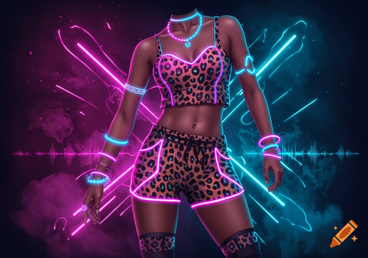 Headless figure in glowing neon cheetah print crop top and shorts, surrounded by pink and blue neon lights and sound waves.