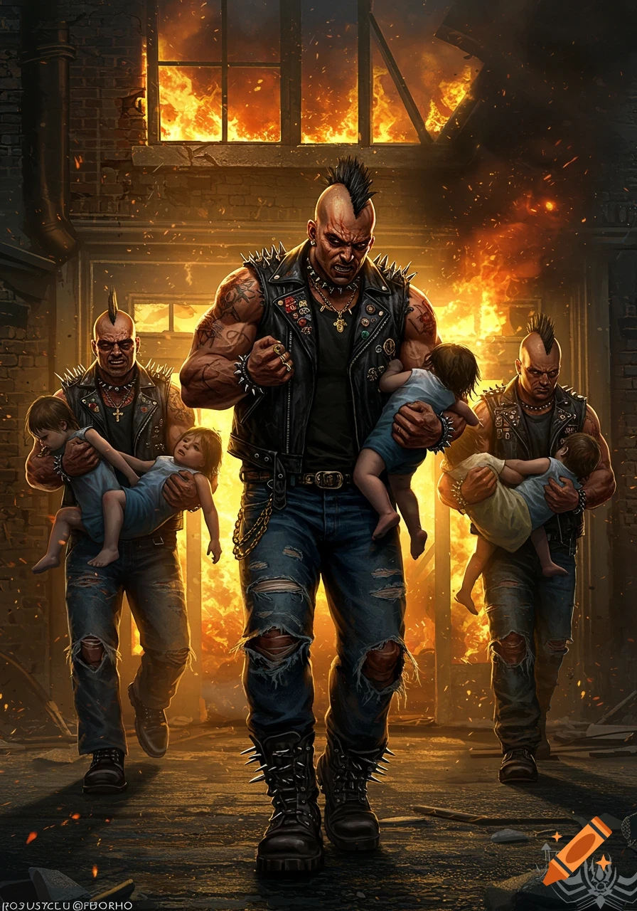 Three muscular punk men carrying children out of a burning building in a gritty digital art style.