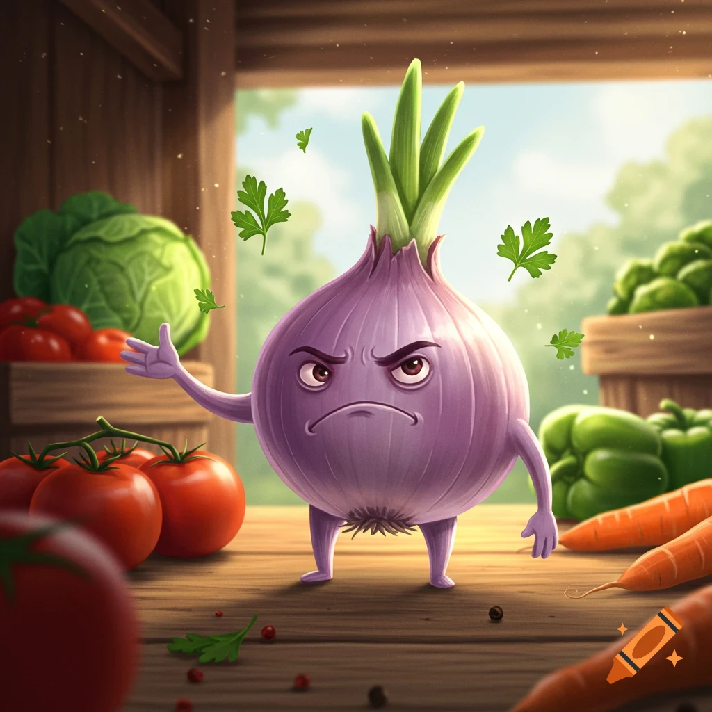 Cartoon angry purple onion standing on a wooden surface surrounded by fresh vegetables like tomatoes, cabbage, and carrots.