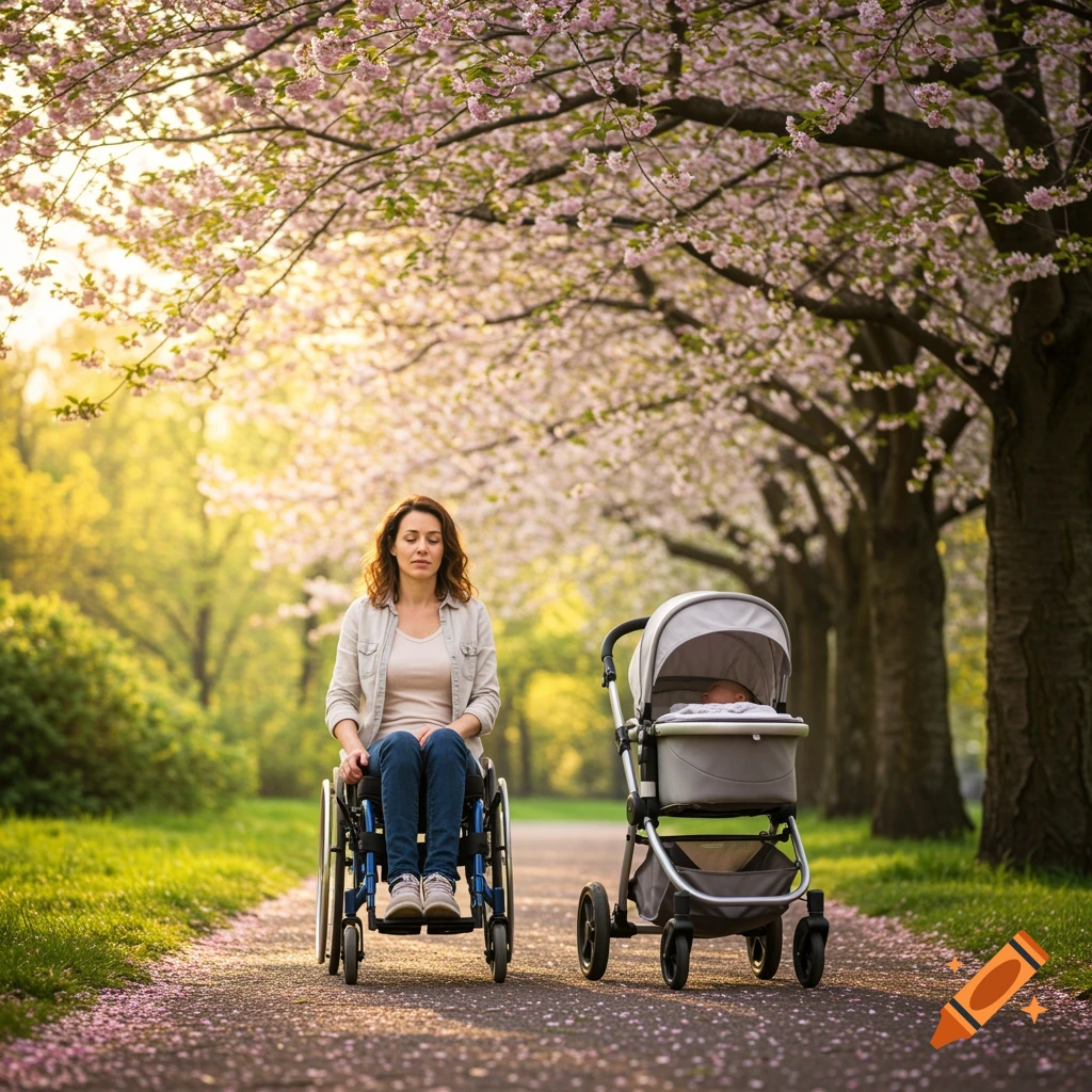 A woman in a wheelchair pushes a baby stroller on a path lined with blooming cherry blossom trees in a park.
