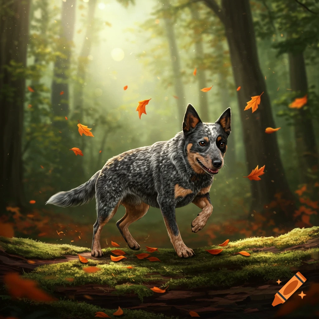 A Blue Heeler dog walks on a moss-covered log in a sunlit forest with falling autumn leaves.