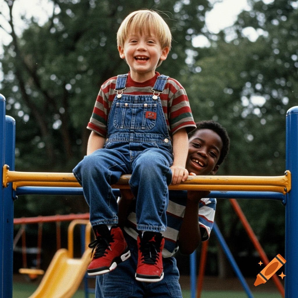 A smiling young blonde boy in overalls sits on yellow monkey bars while a smiling Black boy peeks out from behind him at a playground.