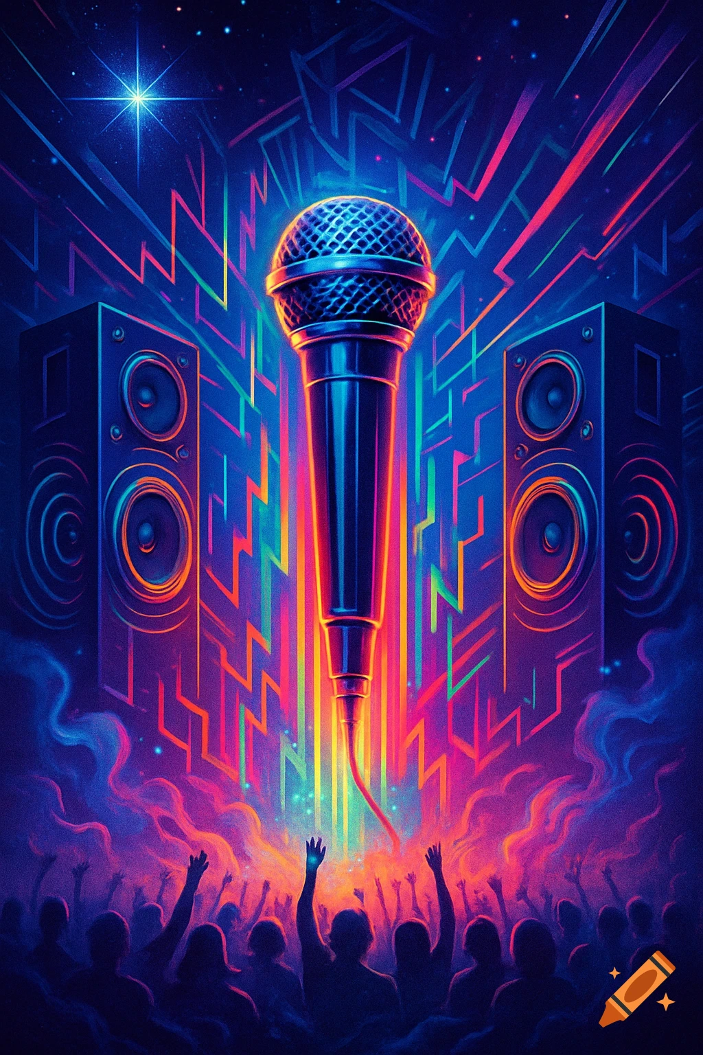 A vibrant, neon-colored concert poster featuring a large microphone, two speakers, and a silhouetted crowd with raised hands, against a backdrop of glowing lines.