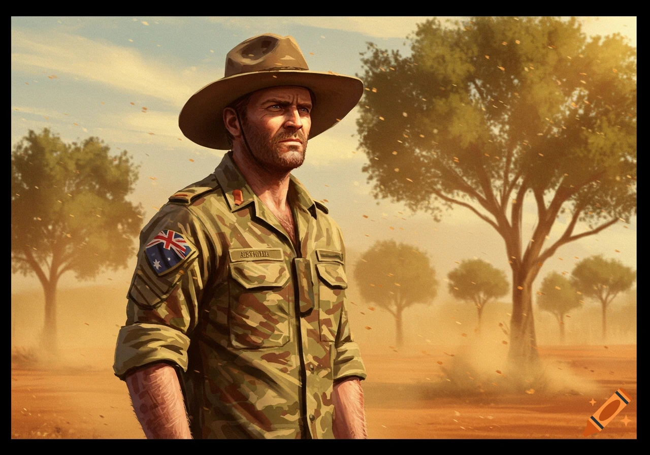 An Australian soldier in a wide-brimmed hat and camouflage uniform stands in a dusty, sunlit desert with trees.