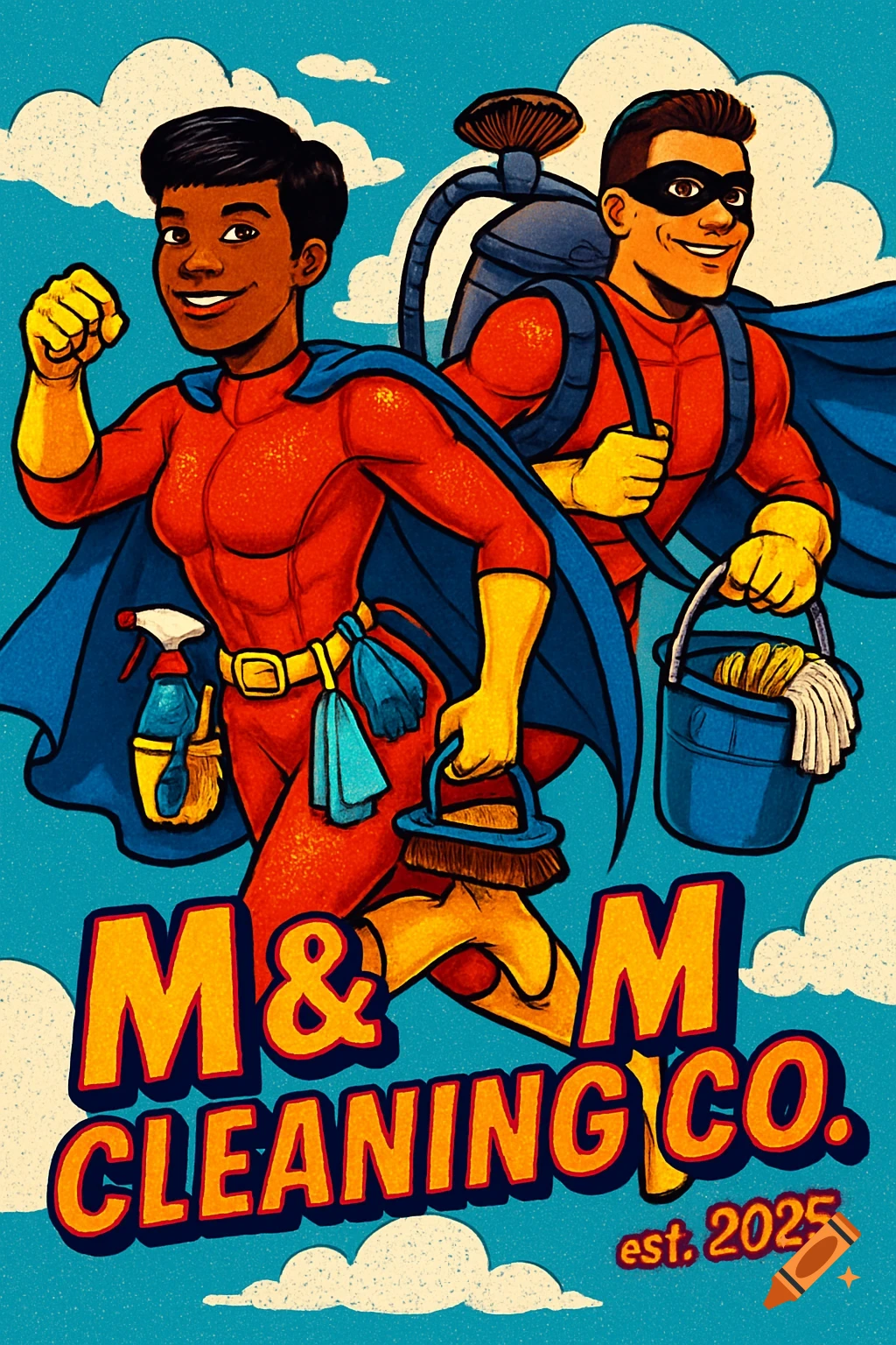A cartoon poster of two superhero-like cleaners, a woman and a man, running with cleaning supplies against a blue sky with clouds. Text reads "M & M CLEANING CO. est. 2025".