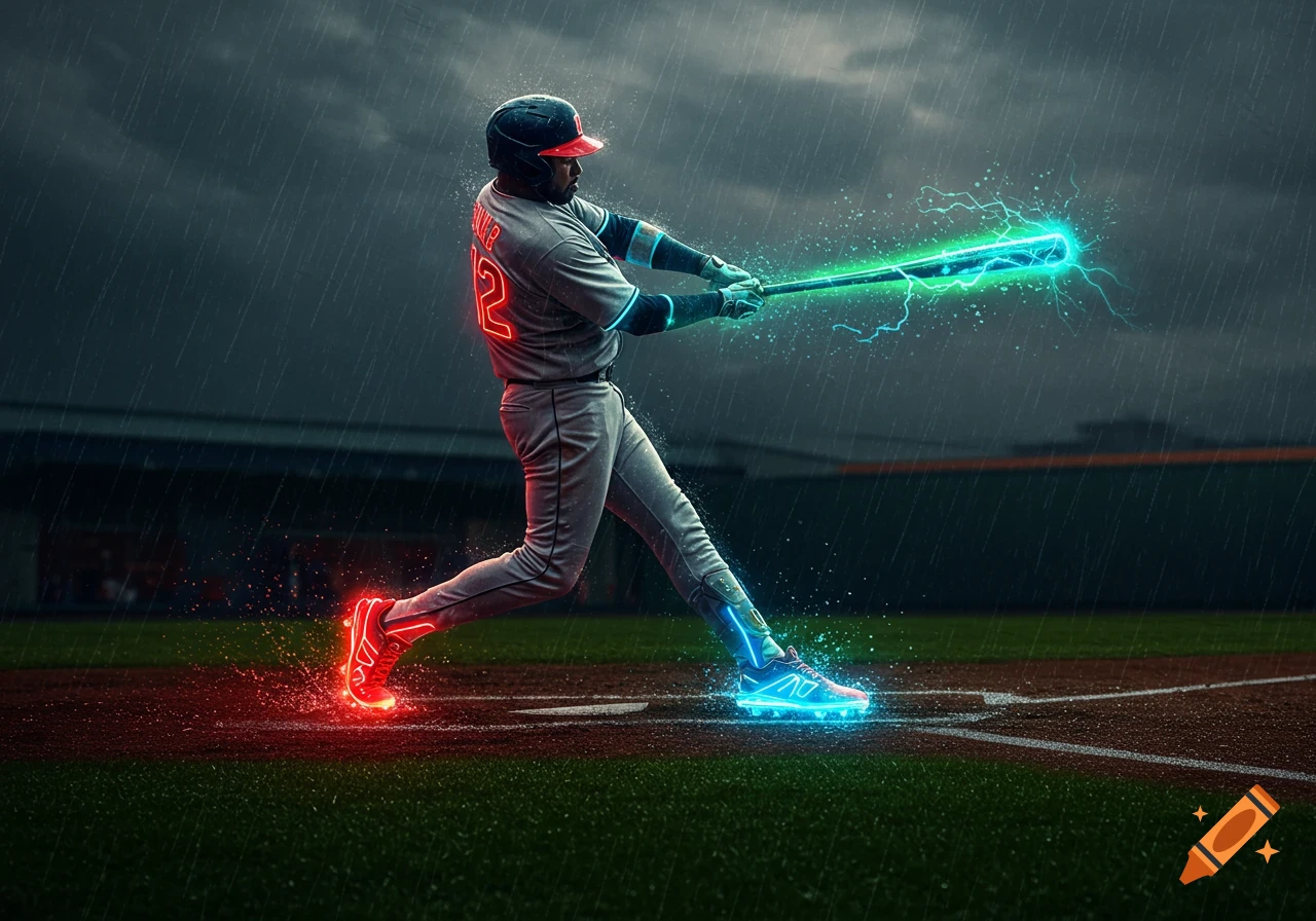A baseball player in a gray uniform with glowing red shoes and a glowing blue bat swings in the rain on a dark field.