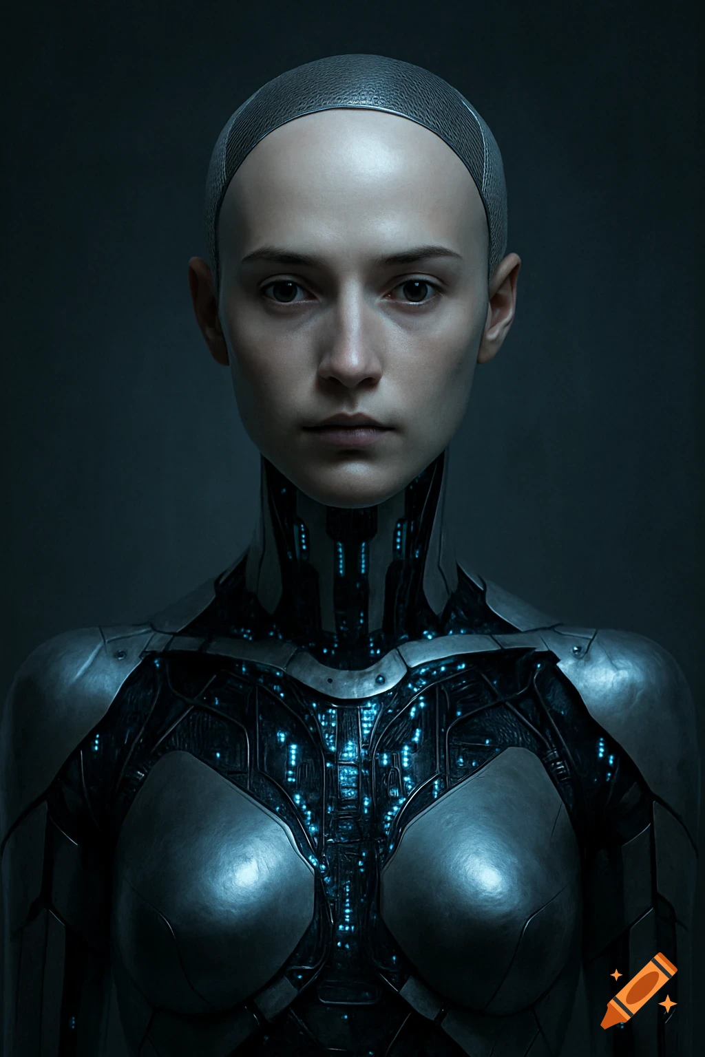 A photorealistic portrait of a female-like cyborg with a bald head and intricate blue glowing circuitry on her metallic chest.