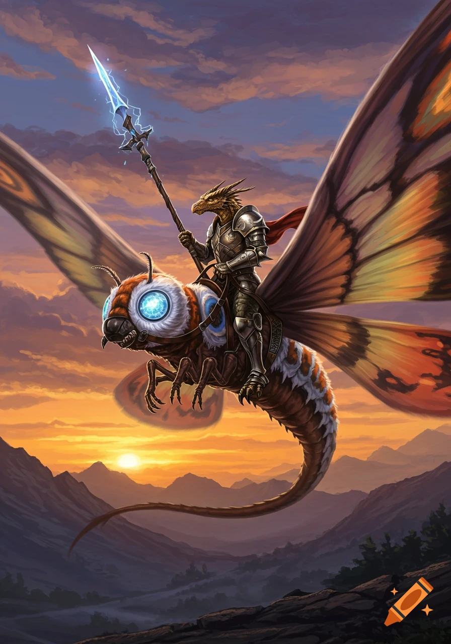A dragonborn knight wielding a glowing spear rides a giant Mothra over mountains at sunset, in a vibrant fantasy art style.