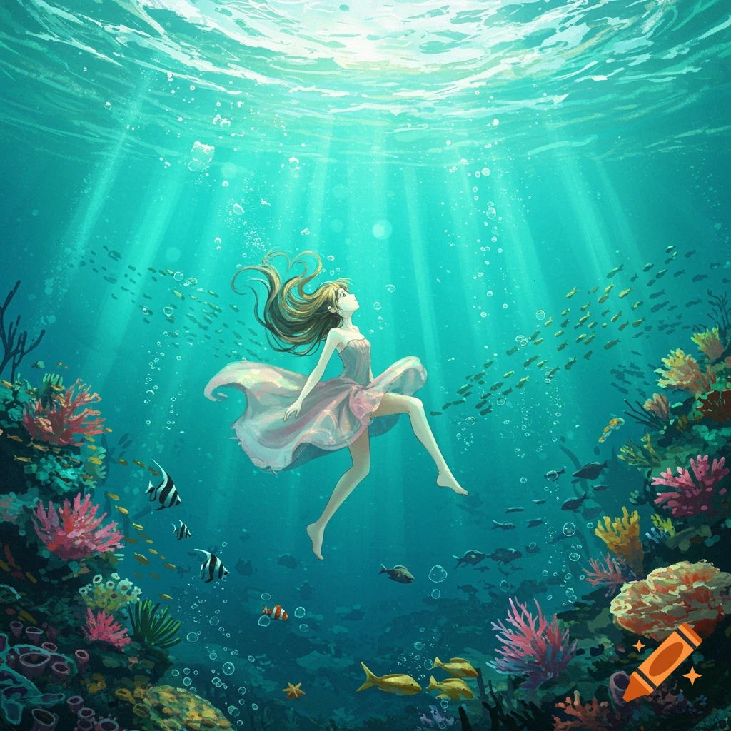 An anime girl in a pink dress floats serenely underwater among colorful coral and fish, with sunlight streaming from above.