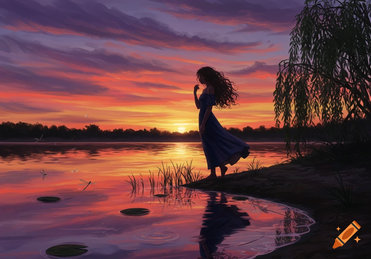 Illustrated scene of a woman standing by a lake at sunset, with a vibrant sky and reflections on the water. A willow tree and dragonflies are also visible.