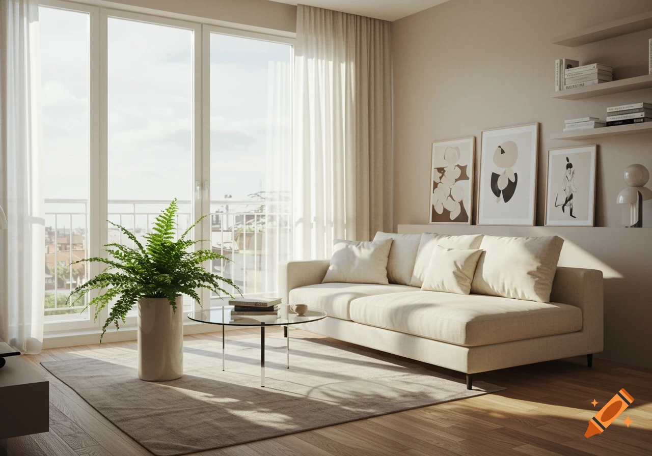 Photorealistic bright modern living room with a beige sofa, glass coffee table, fern plant, large windows, and abstract wall art.