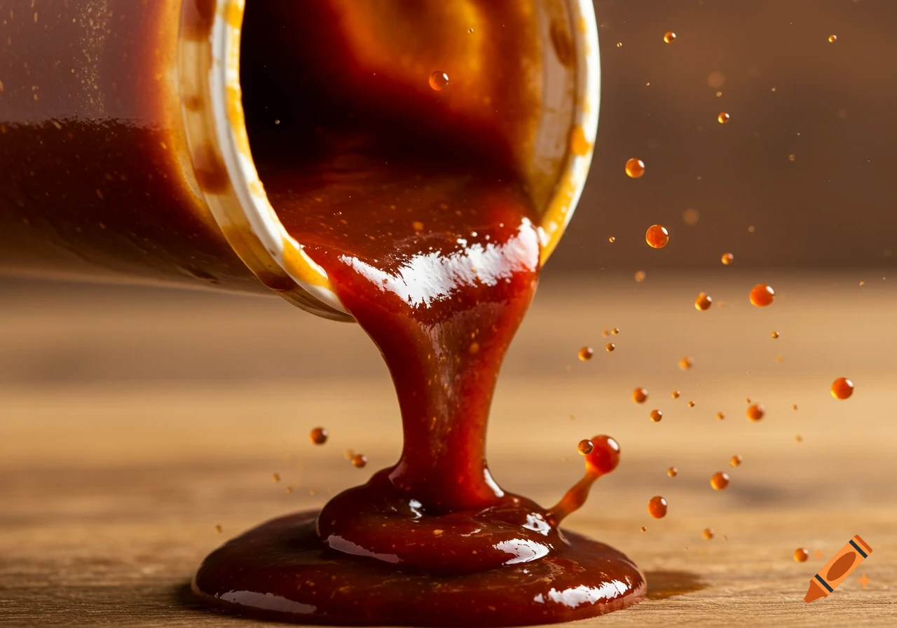 Photorealistic image of BBQ sauce pouring from a container onto a wooden surface, with splatters.